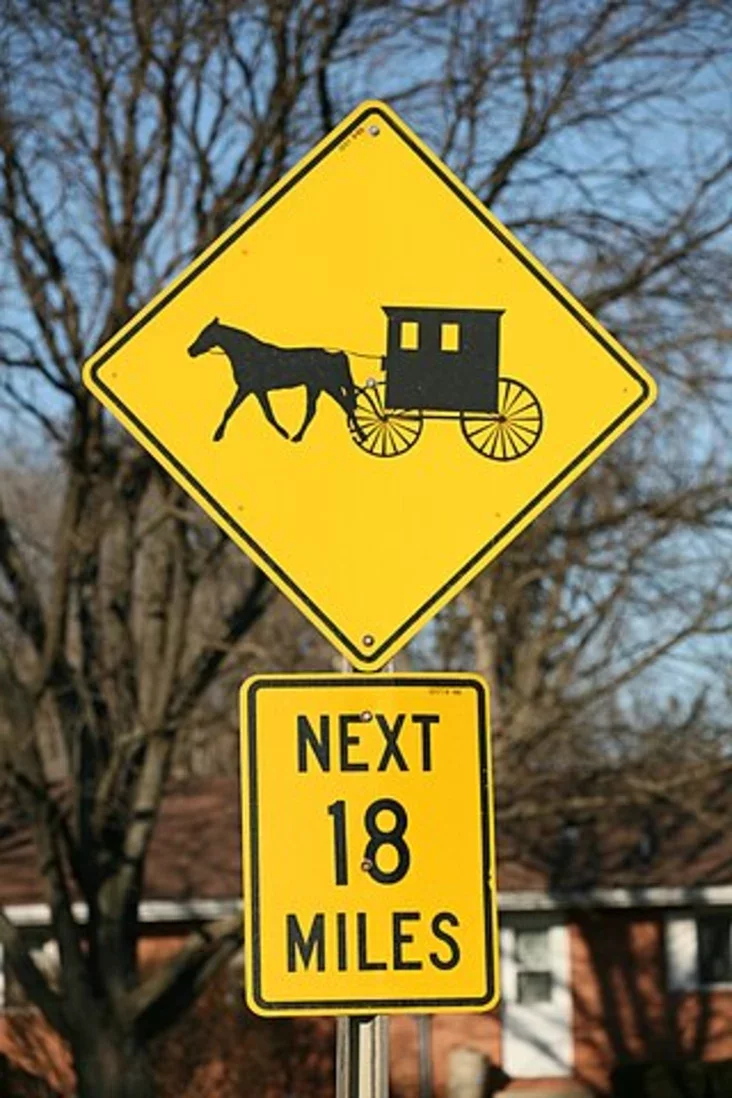 These road signs are placed in Amish areas. Takija darožnyja znaki staviać u miescach pražyvańnia amišaŭ. Takije dorožnyje znaki staviat v miestach proživanija amišiej 