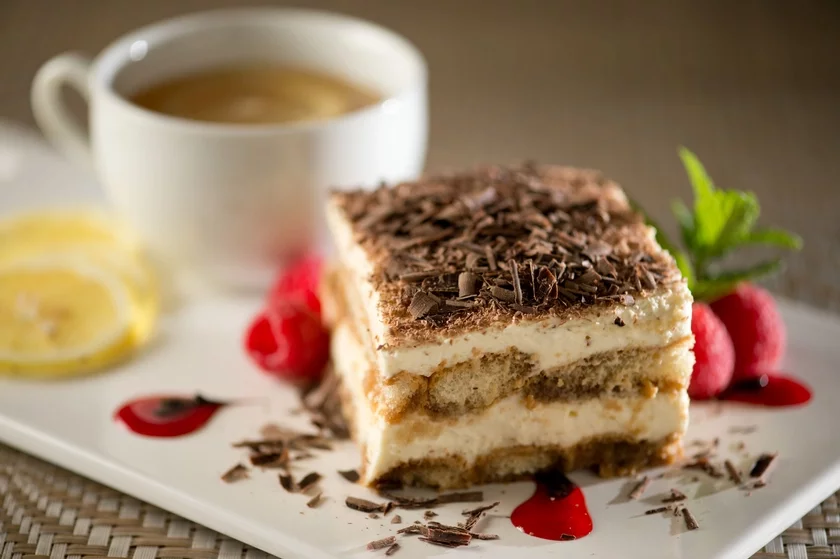 Tiramisu and raspberries