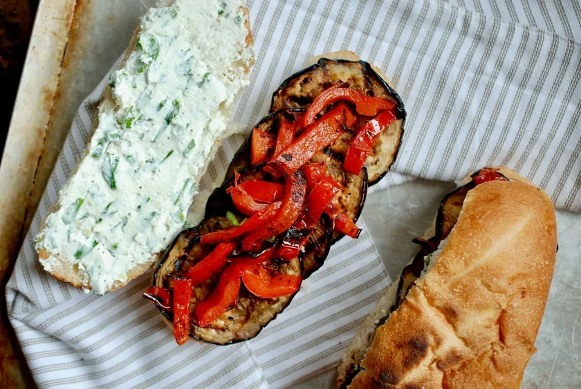 Grilled eggplant red pepper sandwiches